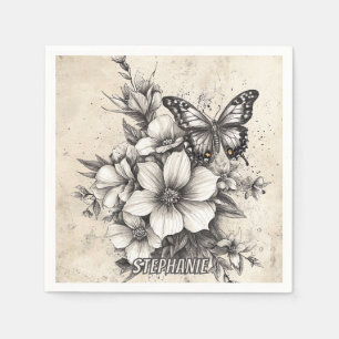 Rustic Flowers and Butterfly - Aged Paper (5) Napkin