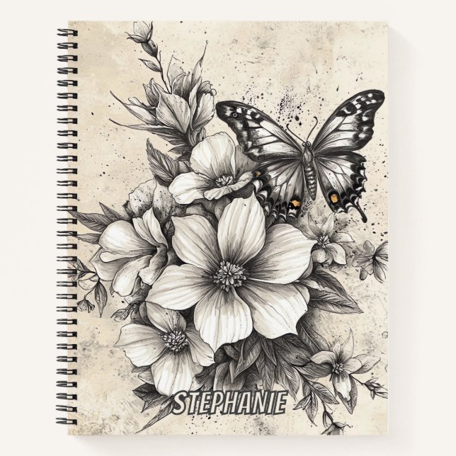 Rustic Flowers and Butterfly - Aged Paper (5) Notebook (Front)