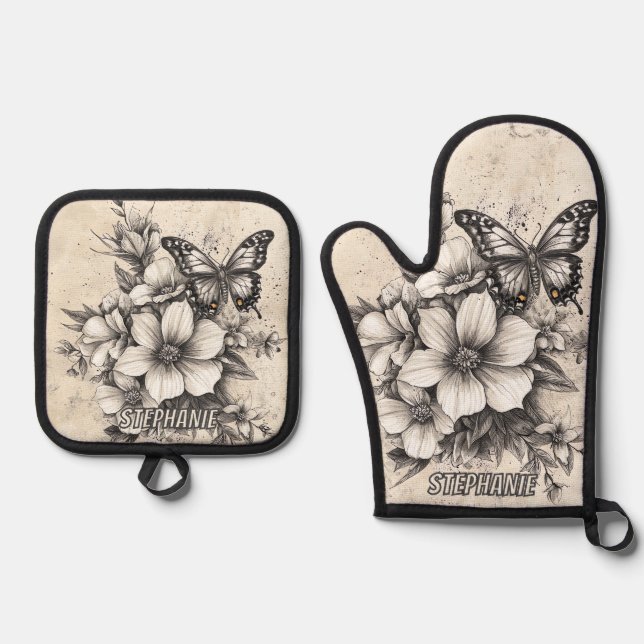 Rustic Flowers and Butterfly - Aged Paper (5) Oven Mitt & Pot Holder Set (Front)
