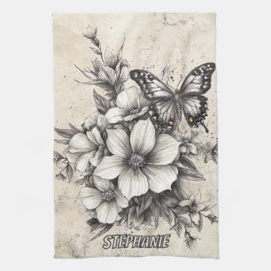 Rustic Flowers and Butterfly - Aged Paper (5) Tea Towel
