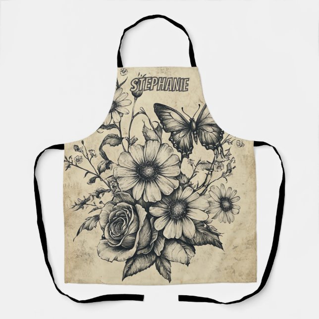 Rustic Flowers and Butterfly - Aged Paper (6) Apron (Front)