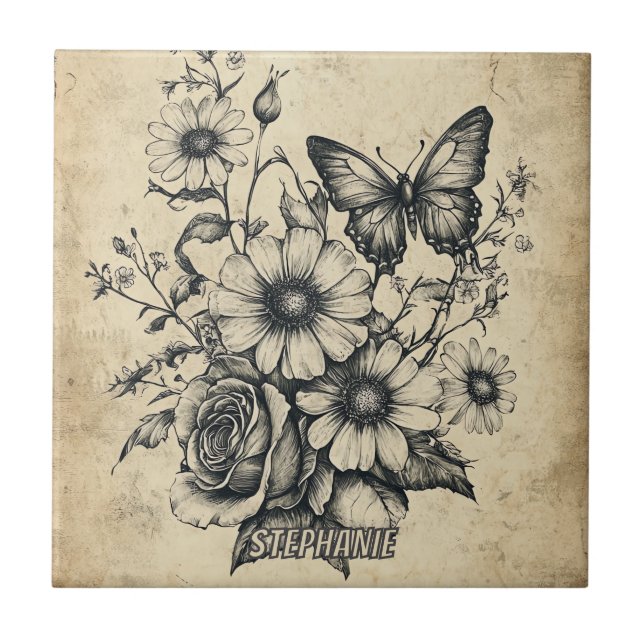 Rustic Flowers and Butterfly - Aged Paper (6) Ceramic Tile (Front)