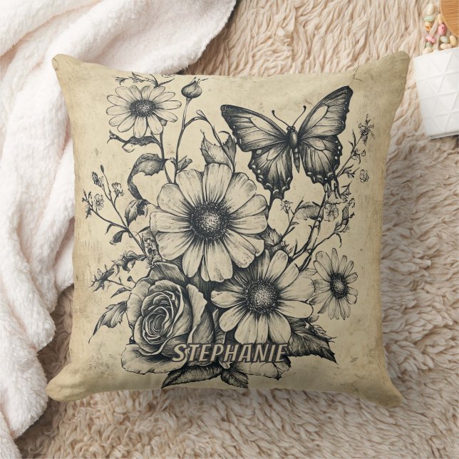 Rustic Flowers and Butterfly - Aged Paper (6) Cushion (Blanket)