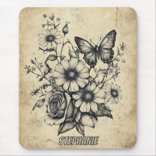 Rustic Flowers and Butterfly - Aged Paper (6) Mouse Pad