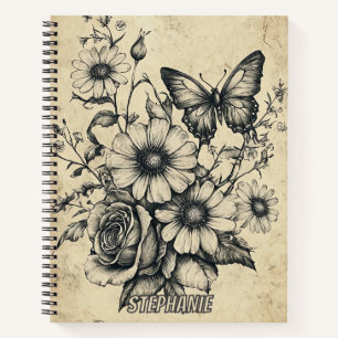 Rustic Flowers and Butterfly - Aged Paper (6) Notebook