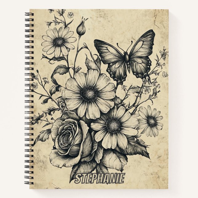 Rustic Flowers and Butterfly - Aged Paper (6) Notebook (Front)