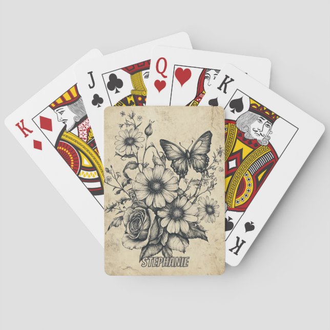 Rustic Flowers and Butterfly - Aged Paper (6) Playing Cards (Back)