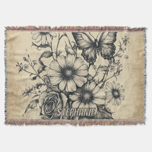 Rustic Flowers and Butterfly - Aged Paper (6) Throw Blanket
