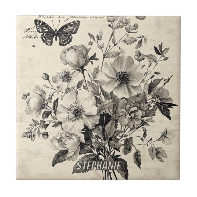 Rustic Flowers and Butterfly - Aged Paper (8) Ceramic Tile (Front)