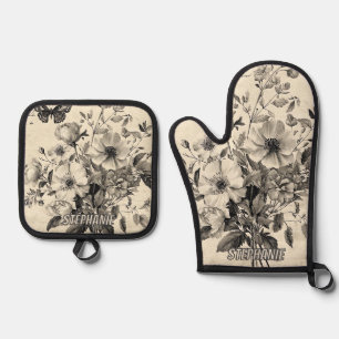 Rustic Flowers and Butterfly - Aged Paper (8) Oven Mitt & Pot Holder Set