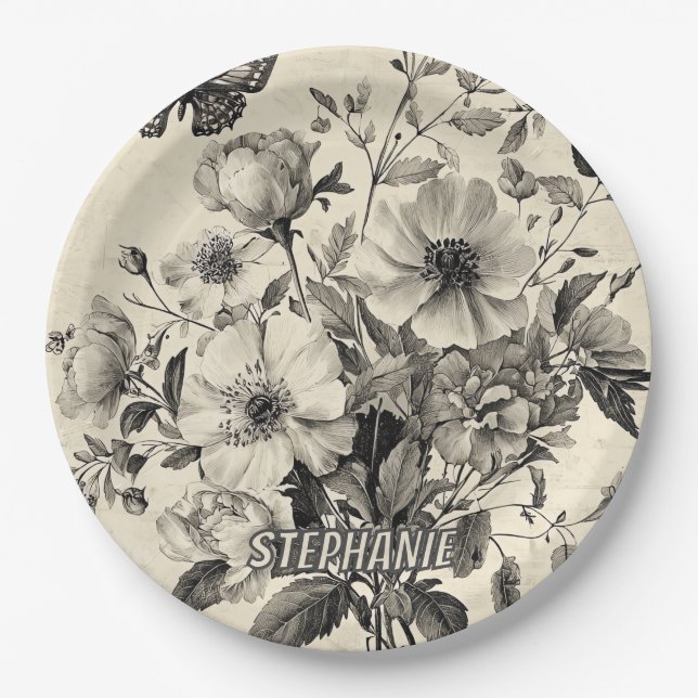 Rustic Flowers and Butterfly - Aged Paper (8) Plate (Front)