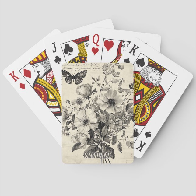 Rustic Flowers and Butterfly - Aged Paper (8) Playing Cards (Back)