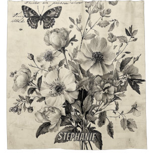 Rustic Flowers and Butterfly - Aged Paper (8) Shower Curtain