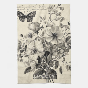 Rustic Flowers and Butterfly - Aged Paper (8) Tea Towel