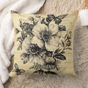 Rustic Flowers and Butterfly - Aged Paper (9) Cushion