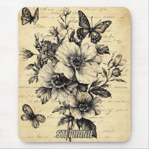 Rustic Flowers and Butterfly - Aged Paper (9) Mouse Pad