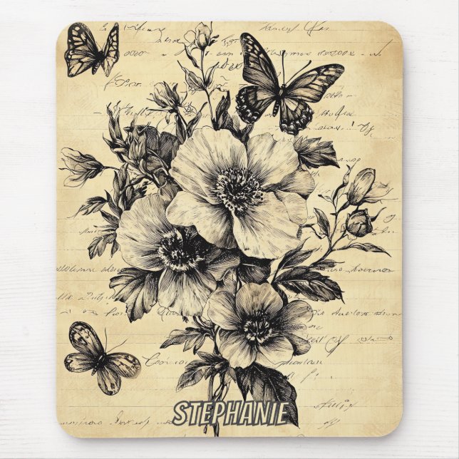 Rustic Flowers and Butterfly - Aged Paper (9) Mouse Pad (Front)