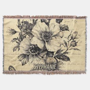 Rustic Flowers and Butterfly - Aged Paper (9) Throw Blanket