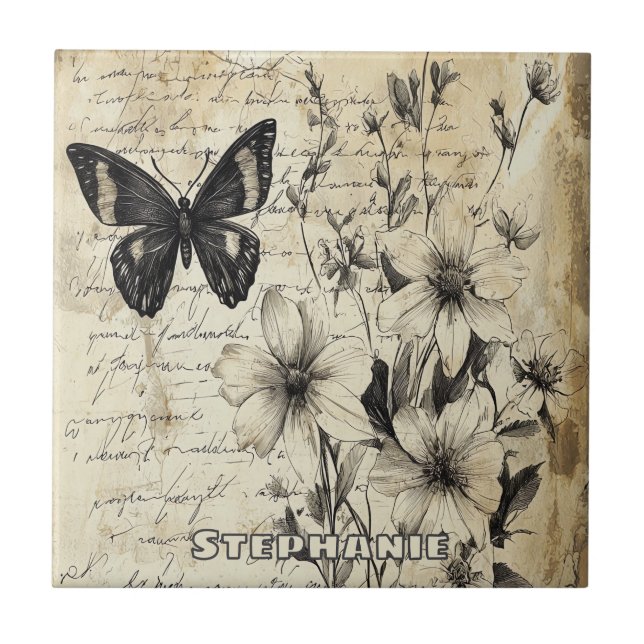 Rustic Flowers and Butterfly - Aged Paper Ceramic Tile (Front)