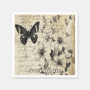 Rustic Flowers and Butterfly - Aged Paper Napkin