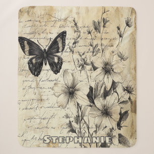 Rustic Flowers and Butterfly - Aged Paper Sherpa Blanket