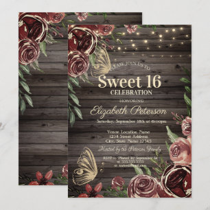 Rustic Flowers Glitter Bitterflies Wood Sweet 16 Invitation
