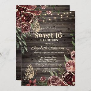Rustic Flowers Glitter Bitterflies Wood Sweet 16 Invitation