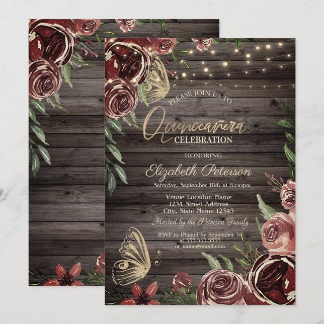 Rustic Flowers Glitter Butterflies Wood Invitation (Front/Back)