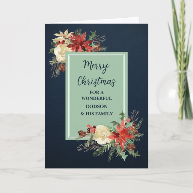 Rustic Flowers Godson & Family Merry Christmas Card (Front)