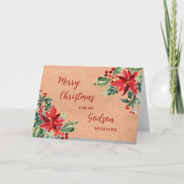Rustic Flowers Godson Merry Christmas Card (Front)