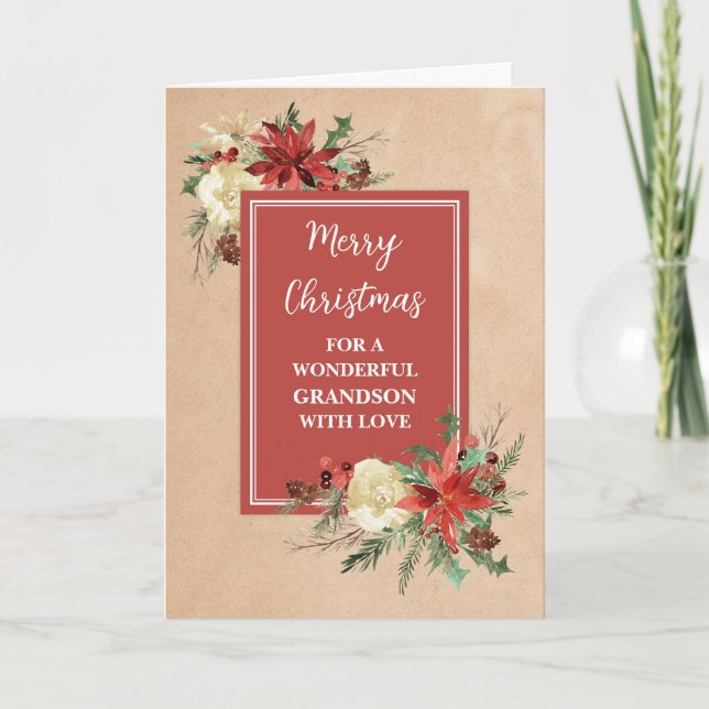 Rustic Flowers Grandson Merry Christmas Card (Front)