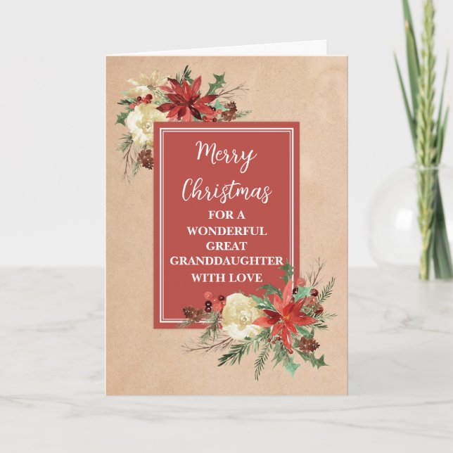 Rustic Flowers Great Granddaughter Merry Christmas Card (Front)