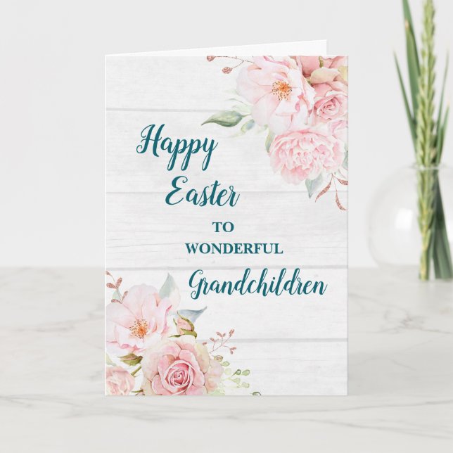 Rustic Flowers Happy Easter Grandchildren Holiday Card (Front)