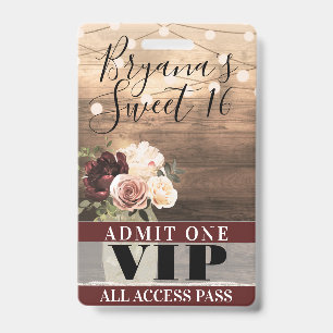 Rustic Flowers & String Lights Sweet 16 VIP Pass ID Badge