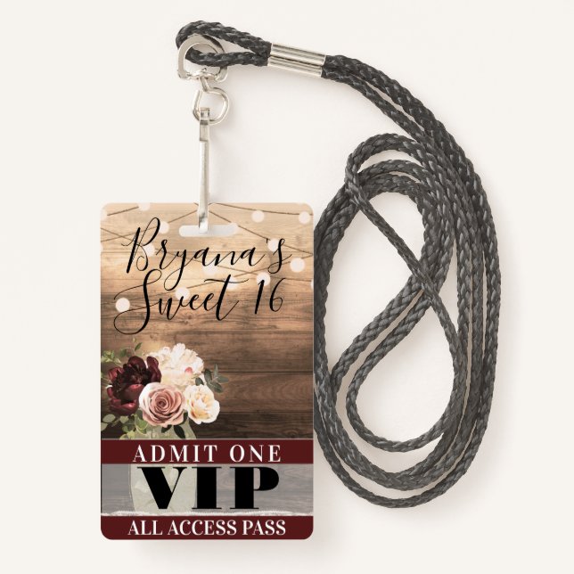 Rustic Flowers & String Lights Sweet 16 VIP Pass ID Badge (Front with Lanyard)