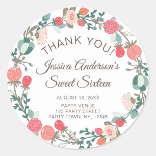 Rustic Flowers Wreath Sweet Sixteen Thank You Classic Round Sticker