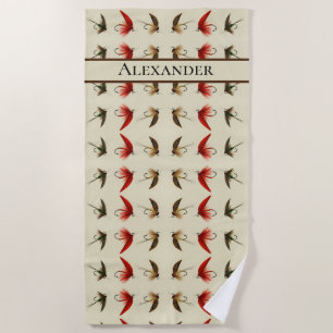 Rustic Fly Fishing Flies Vintage Watercolor Beach Towel