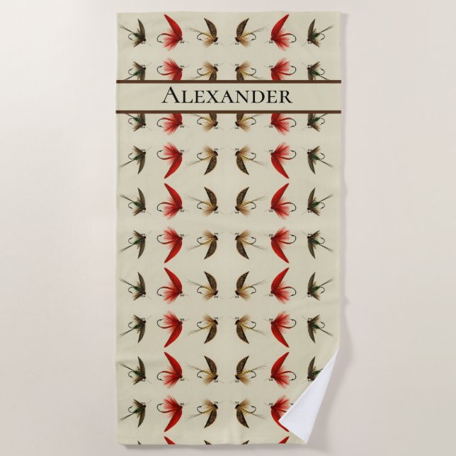 Rustic Fly Fishing Flies Vintage  Watercolor  Beach Towel (Front)