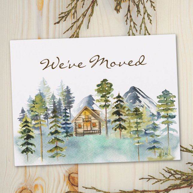 Rustic Foggy Forest Mountain Cabin We Moved Postcard (Close up)