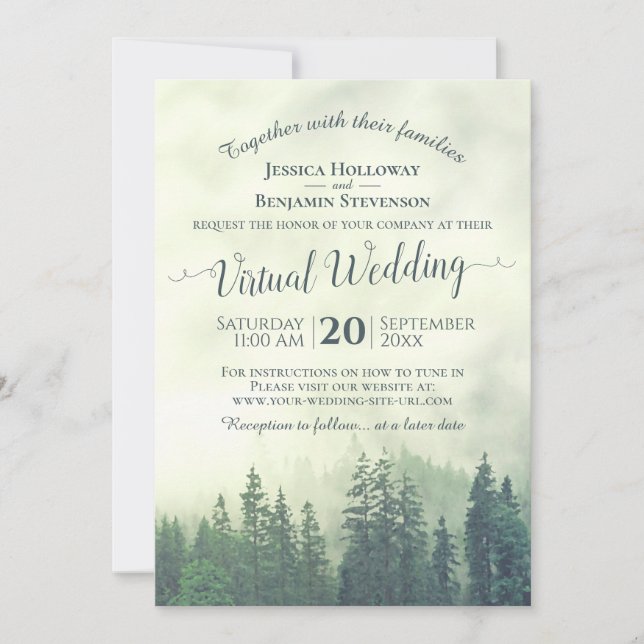 Rustic Foggy Green Pine Forest Virtual Wedding Invitation (Front)