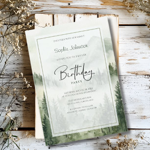 Rustic foggy mountains birthday invitation