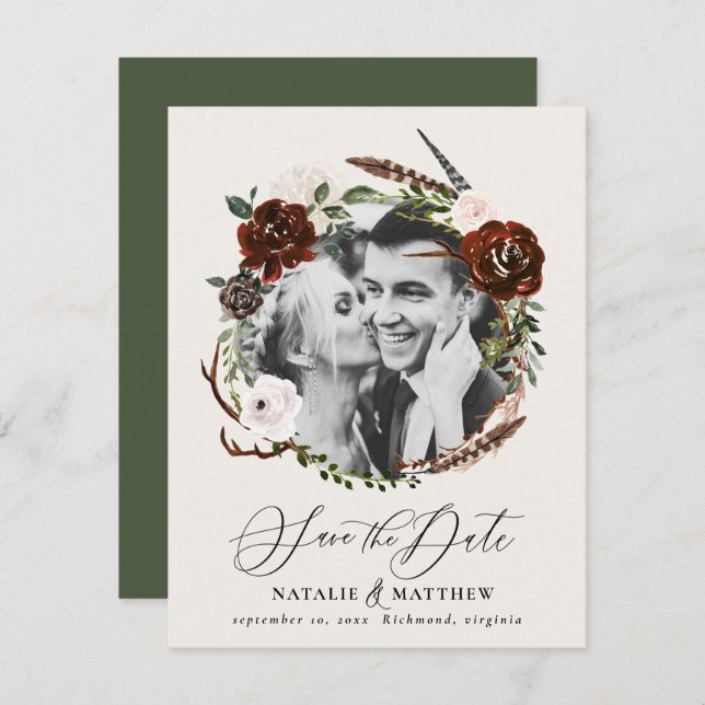 Rustic foliage and antler save the date announceme announcement (Front/Back)