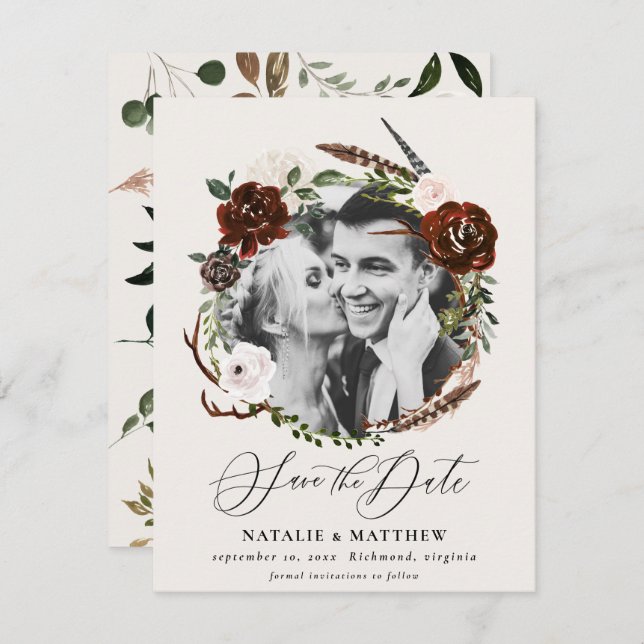 Rustic foliage and antler save the date announcement (Front/Back)