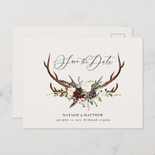 Rustic foliage and antler save the date announcement postcard