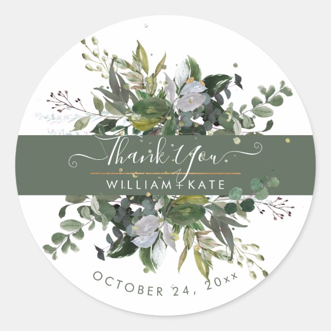 Rustic Foliage Blue Gum Eucalyptus Thank You Classic Round Sticker (Front)