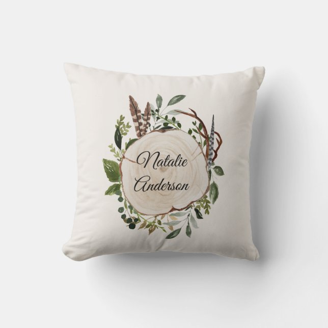 Rustic foliage chalk wood slice  cushion (Front)