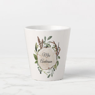Rustic foliage chalk wood slice  latte mug