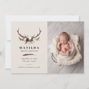 Rustic foliage, floral and stag birth announcement