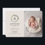 Rustic foliage, floral and stag birth announcement<br><div class="desc">Rustic foliage,  floral and stag photo birth announcement card. With beautiful watercolor foliage,  white florals,  wood slice and script hand writing.</div>