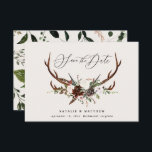 Rustic foliage floral and stag script chic wedding save the date<br><div class="desc">Rustic foliage,  floral and stag antlers wedding save the date card. With beautiful watercolor foliage,  white florals,  wood slice and script hand writing. This modern invite is sure to set the style for your upcoming party.</div>